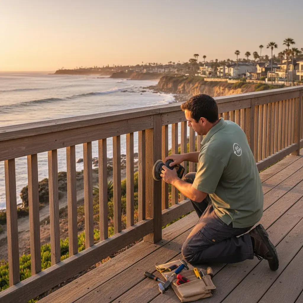 A handyman repairing a coastal-stained wood deck railing at an Encinitas bluff-top home with the ocean visible in the background at golden hour