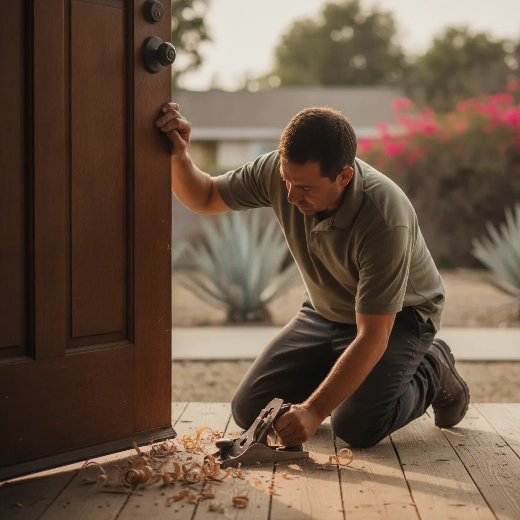 A uniformed handyman planing the edge of a sticking wood door on the front porch of an older craftsman home in Escondido on a warm afternoon.