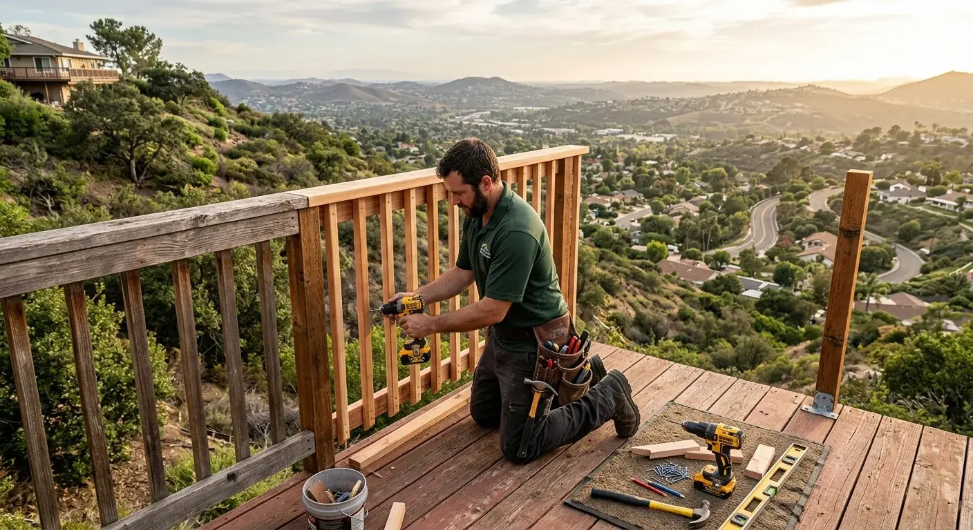 A handyman repairing a hillside deck railing at a Mt. Helix home in La Mesa, valley view in background, late afternoon sun
