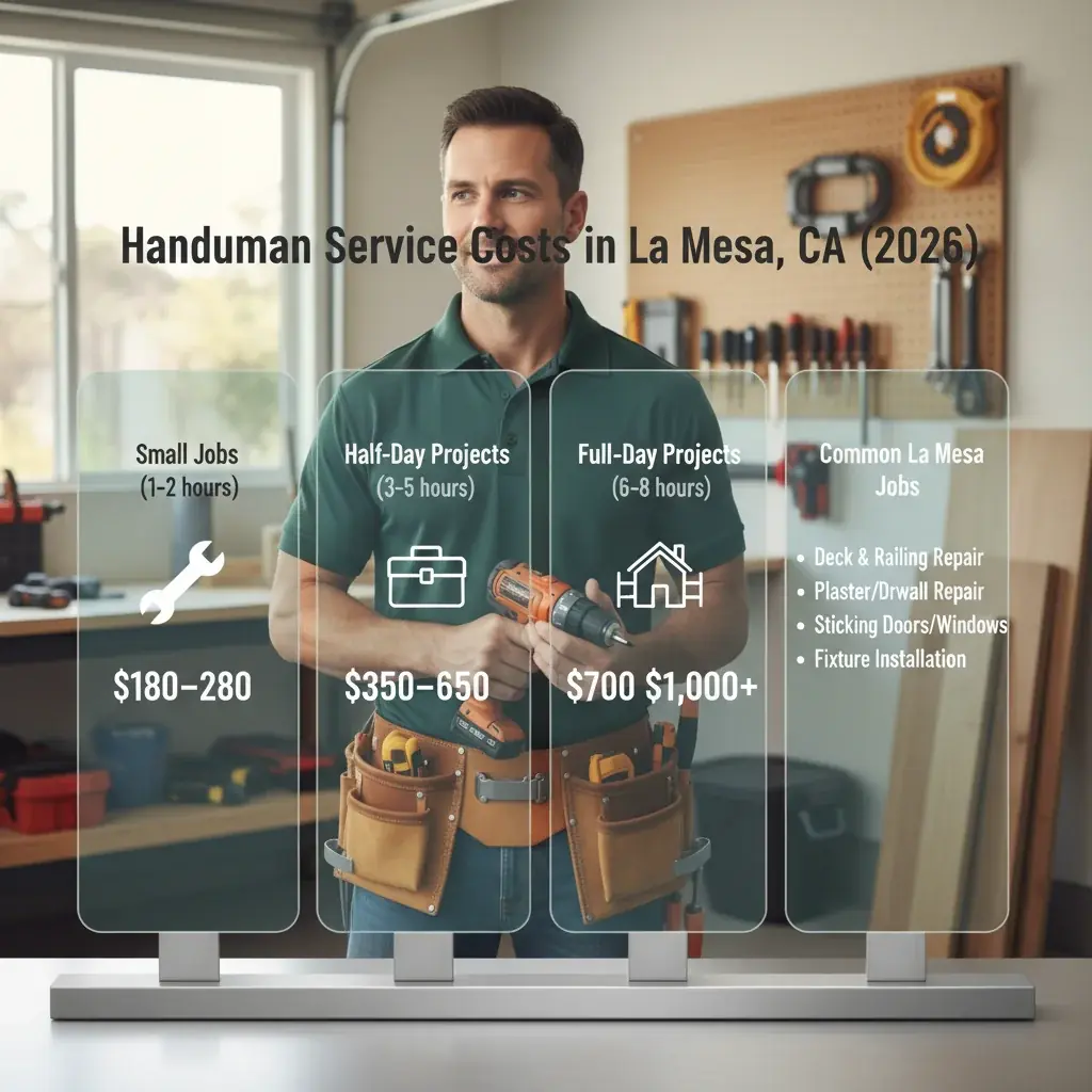 Infographic showing typical handyman service costs and popular jobs in La Mesa for 2026.