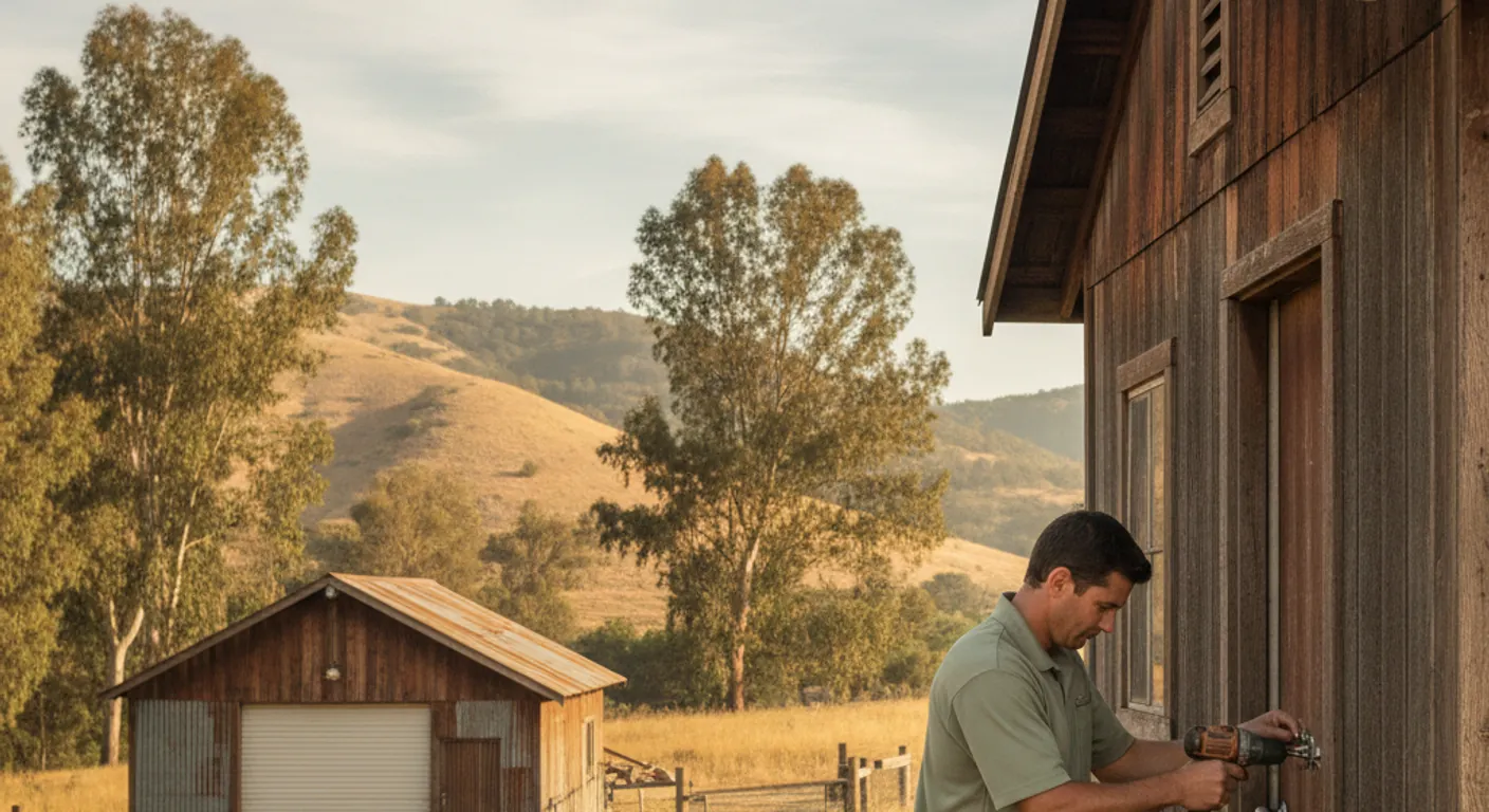 A uniformed handyman repairing the door hardware on a detached workshop at a semi-rural Lakeside property with dry East County hills behind it.