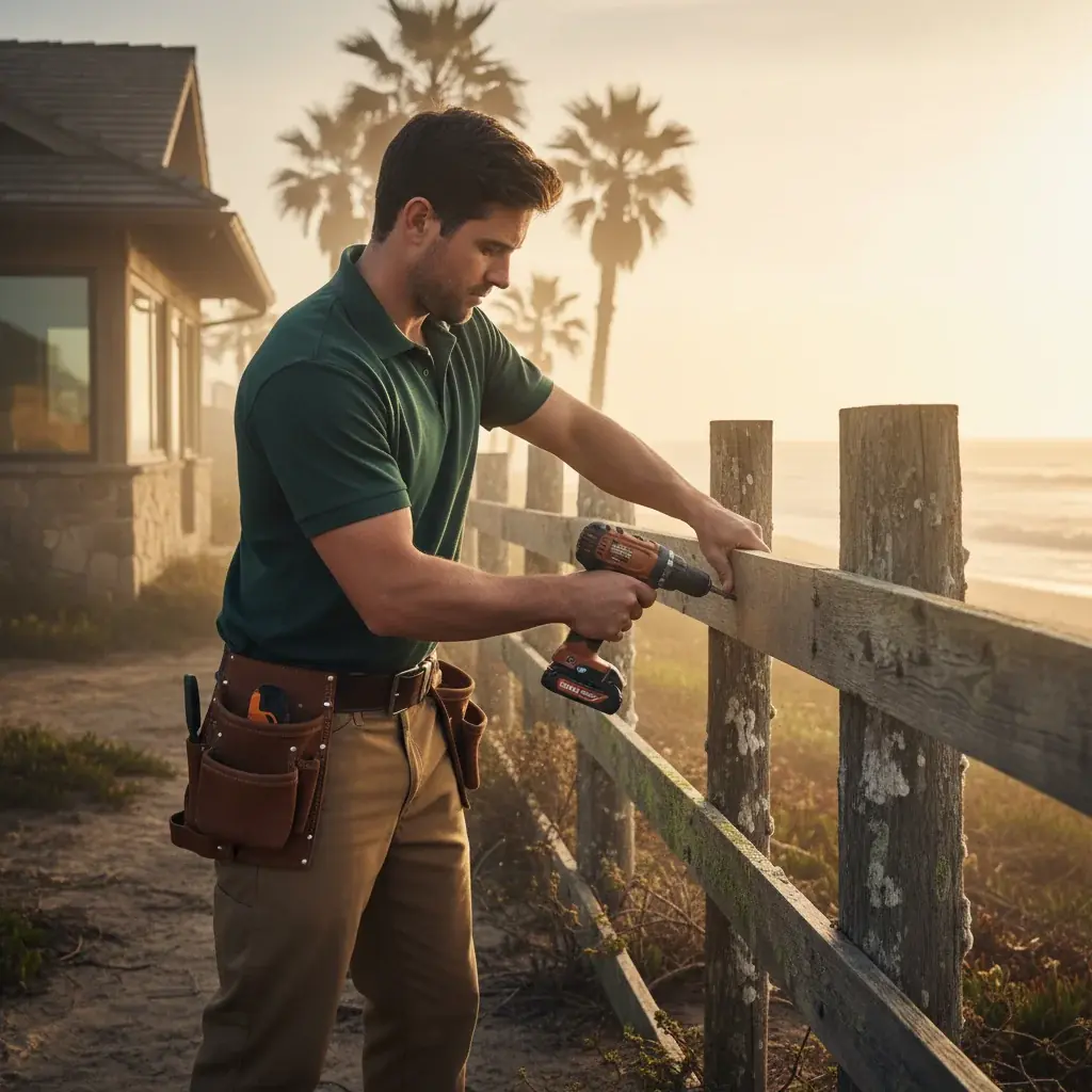 A handyman repairing a weathered wood fence at an Oceanside home, with the ocean visible in the hazy background.