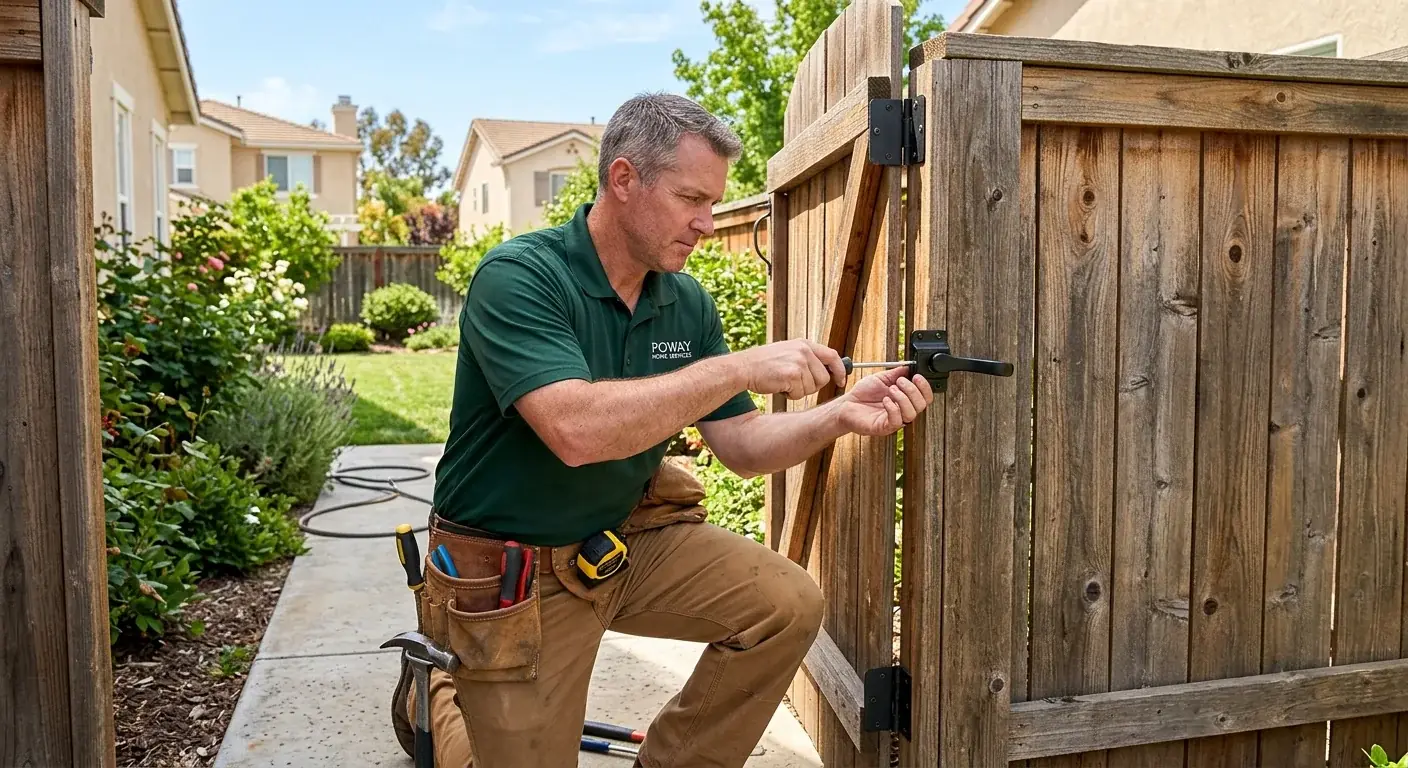 A handyman adjusting a gate latch on a wooden fence in a sunny Poway backyard, typical suburban neighborhood setting.