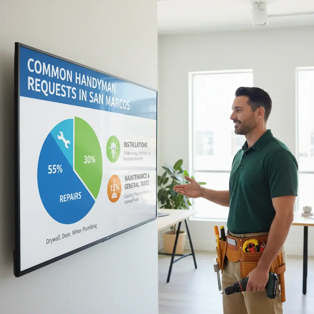 A graphic illustrating the most common handyman service requests from San Marcos homeowners, categorized by repair, installation, and general maintenance.