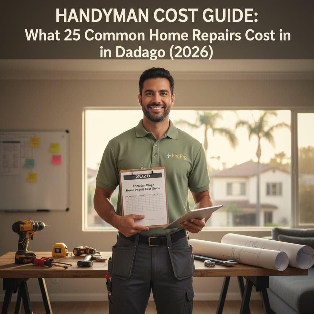 Handyman's tool bag open on a San Diego home workbench with common repair tools