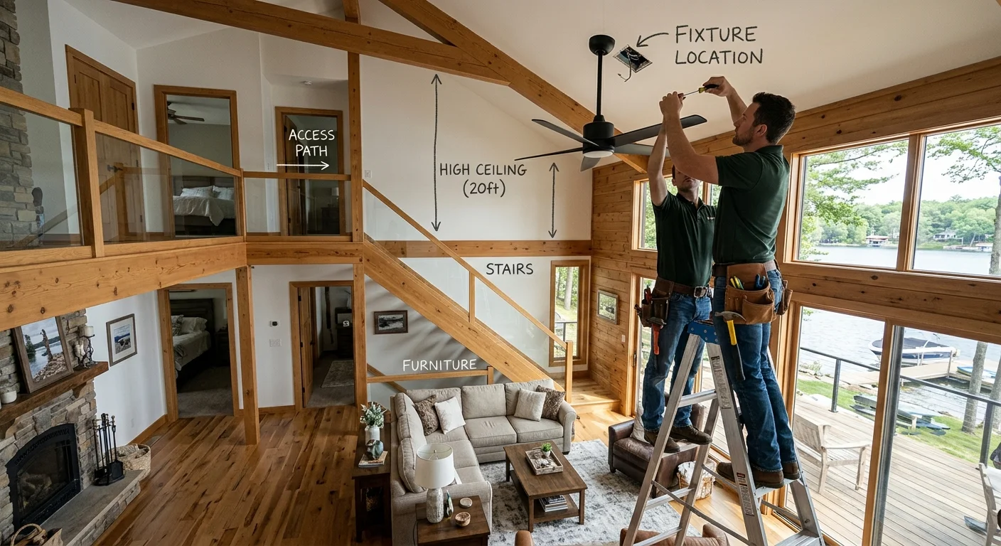 High-ceiling Lakeside room with fixture location, height, and access path marked