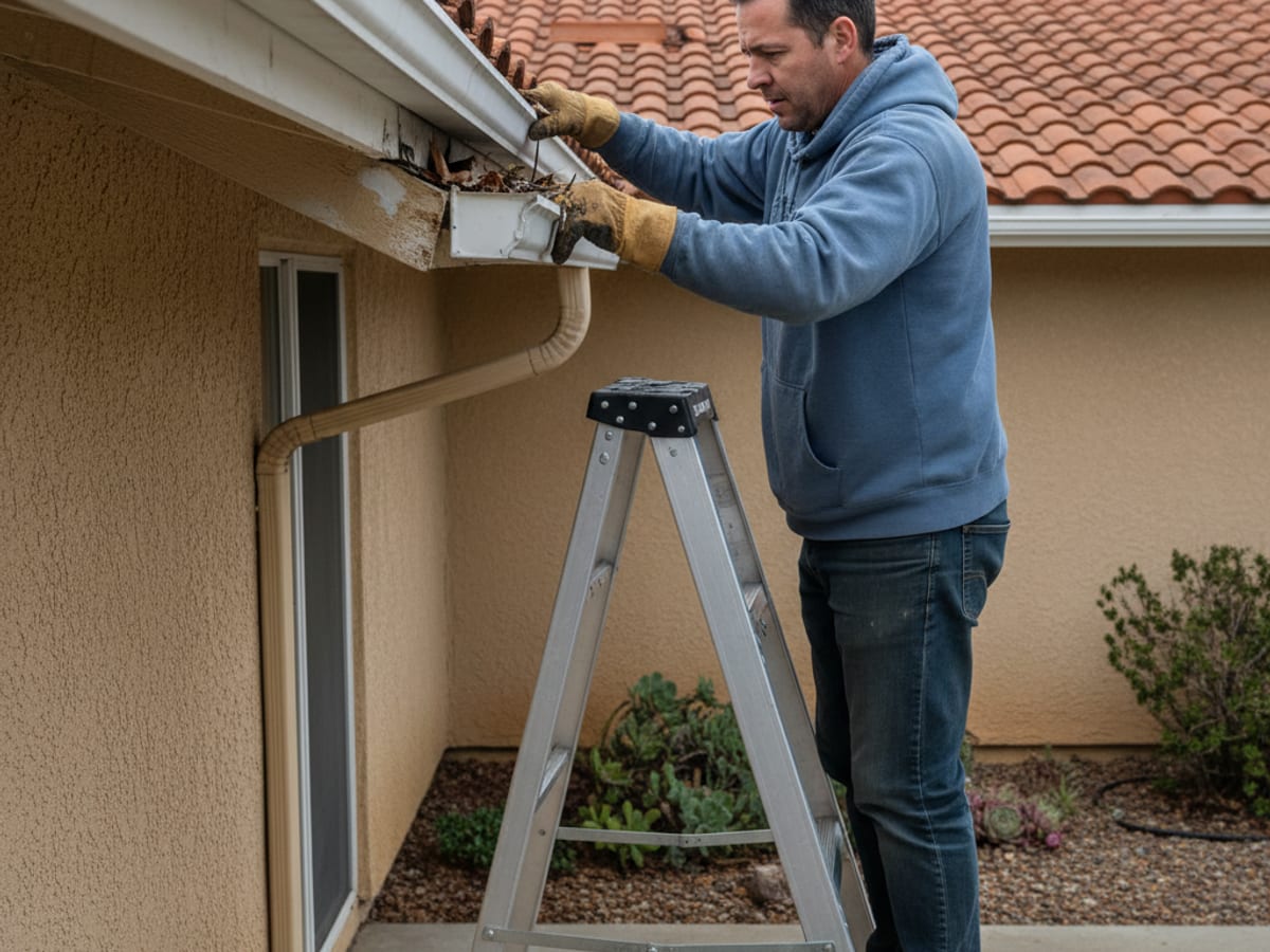 Homeowner on a ladder inspecting roof edge and gutter at a San Diego home in winter, overcast sky behind