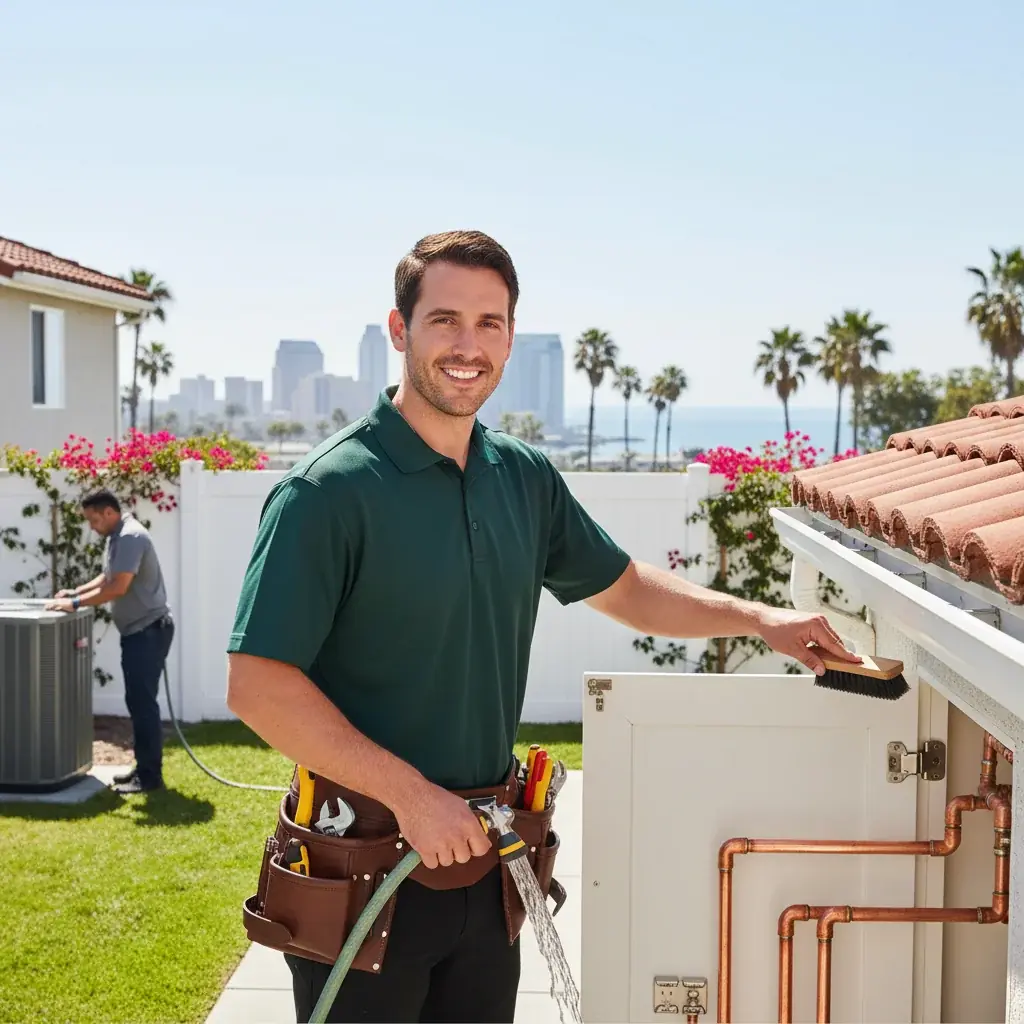 A handyman cleaning a clothes dryer vent duct at a San Diego home, flex duct visible, laundry room with natural light