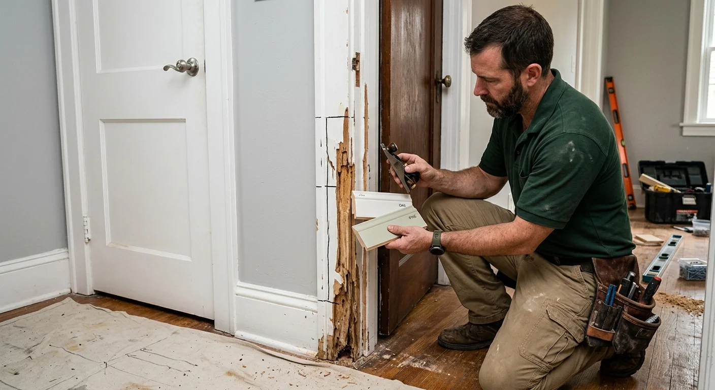 Damaged interior door casing beside an intact jamb and matching trim samples