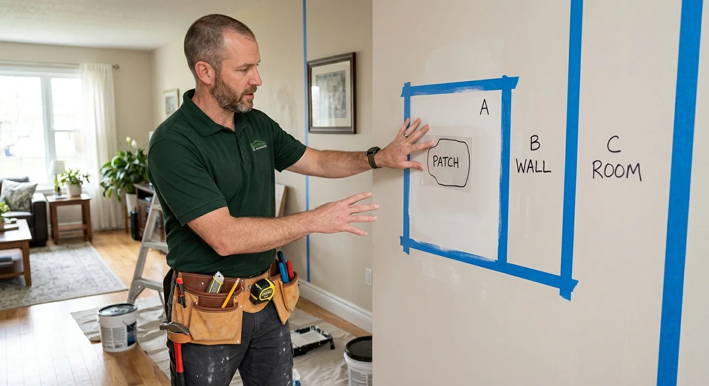 Repaired drywall with paint stops for one area, one wall, and one room