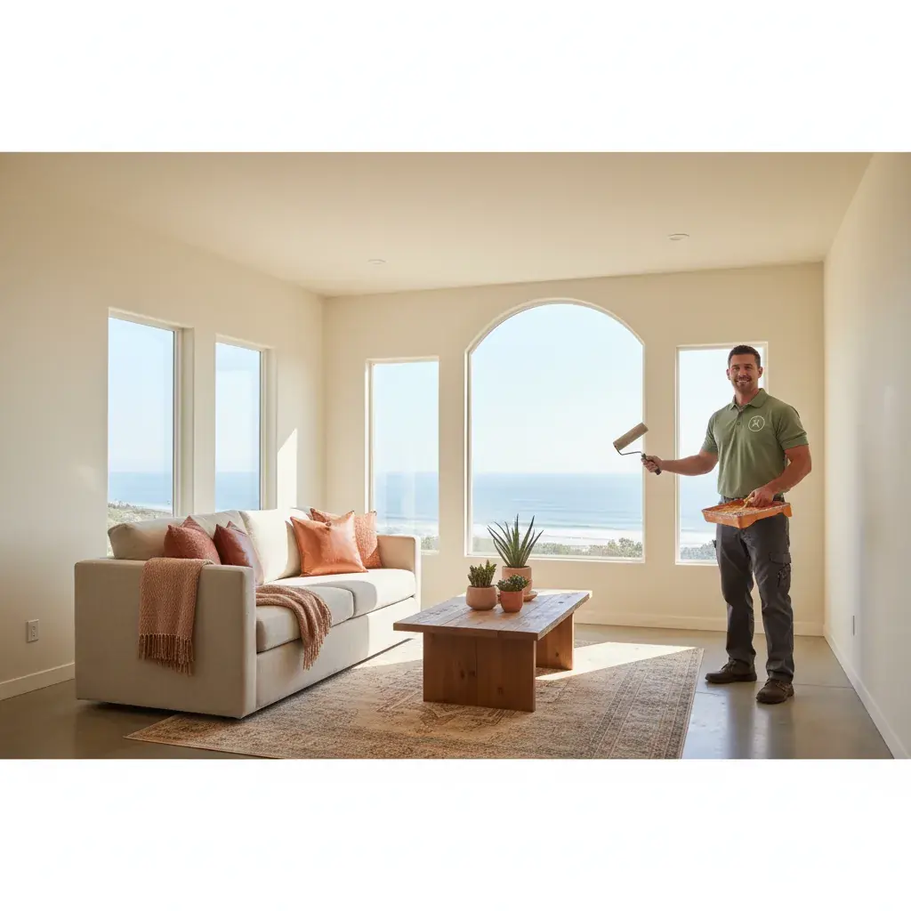 Sunlit San Diego living room with warm white walls, terracotta accents, and large windows facing the Pacific