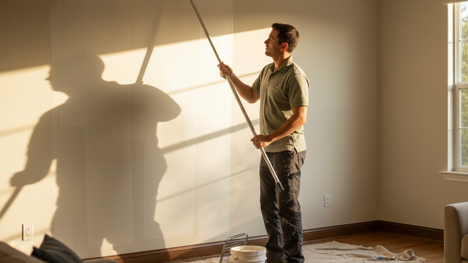 Handyman in sage olive polo applying a roller of warm white paint to a living room accent wall, drop cloths protecting the wood floor