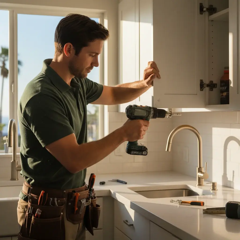 A handyman installing a garbage disposal unit under a kitchen sink in a San Diego home.