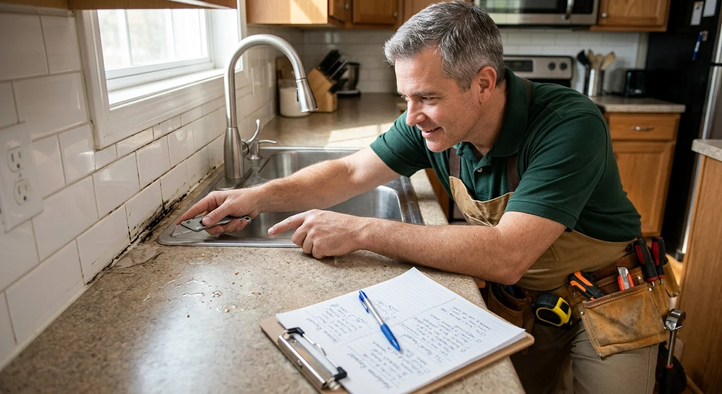 Failed caulk joint between a kitchen counter and tile backsplash
