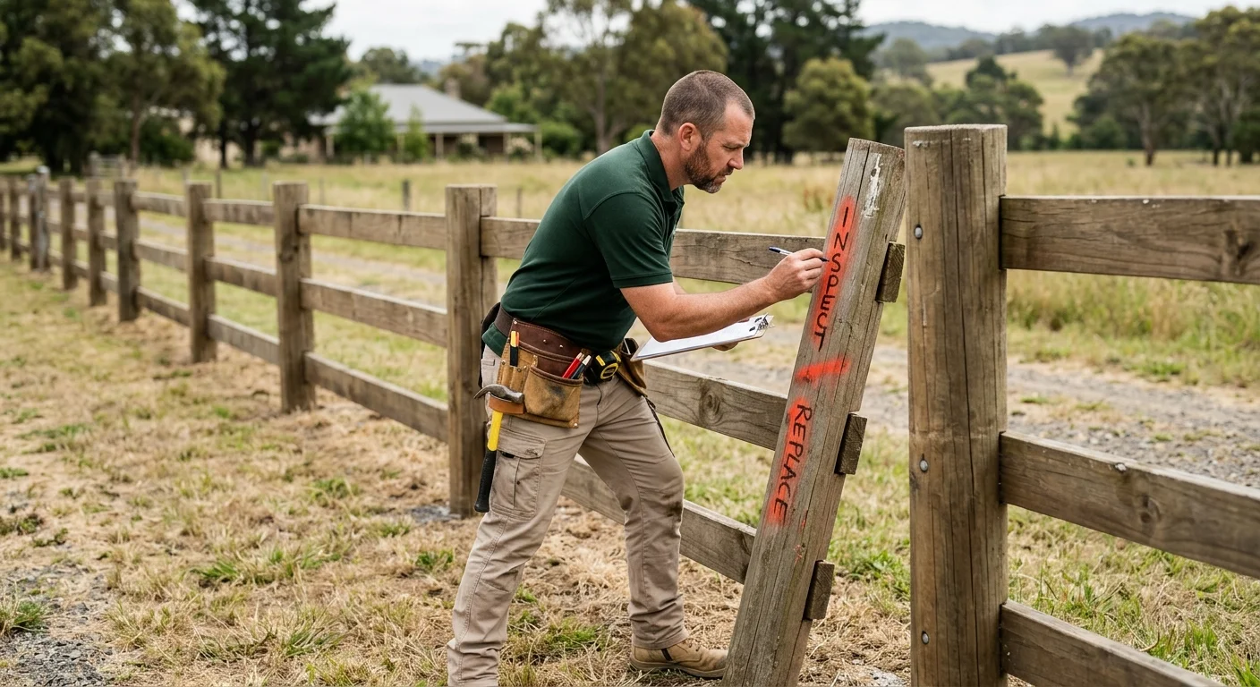 Leaning wooden fence post beside straight neighboring posts