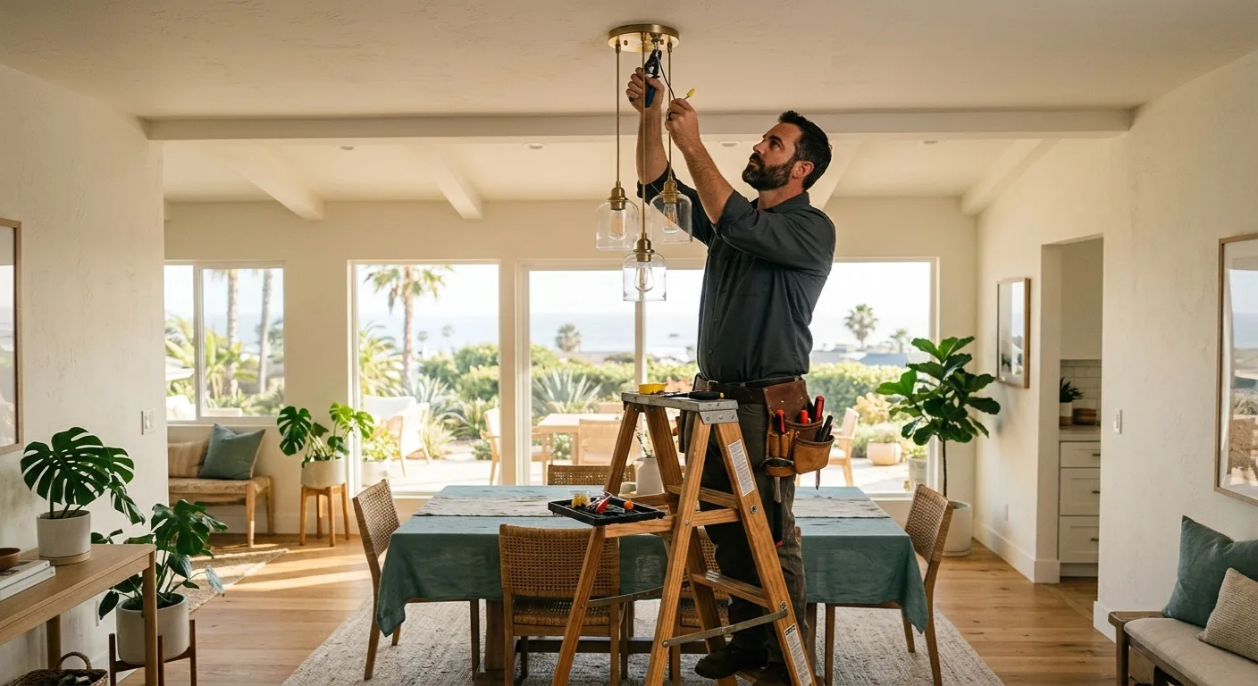 A San Diego handyman on a step ladder installing a modern pendant light fixture in a bright coastal dining room.