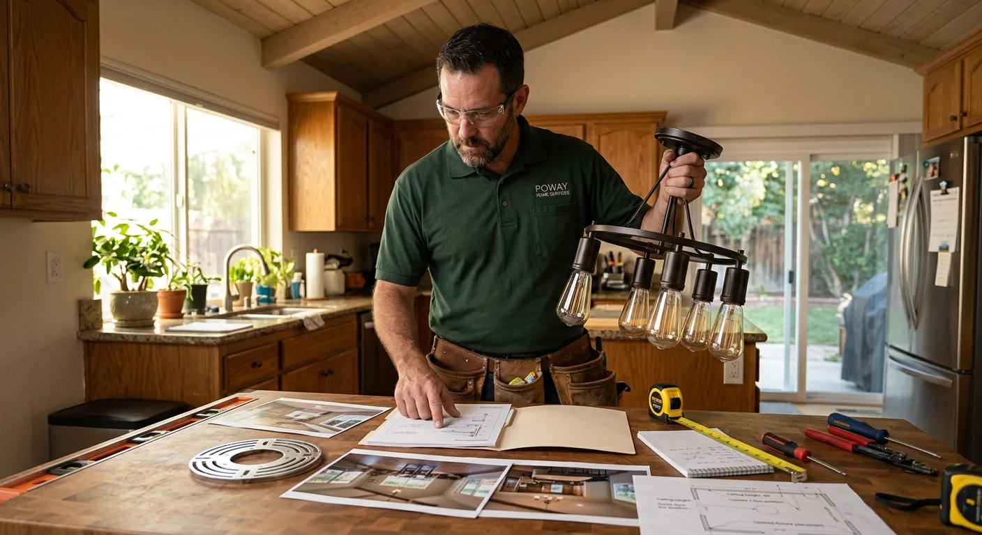 A Poway homeowner comparing a light fixture, mounting plate, room photos, and ceiling measurements
