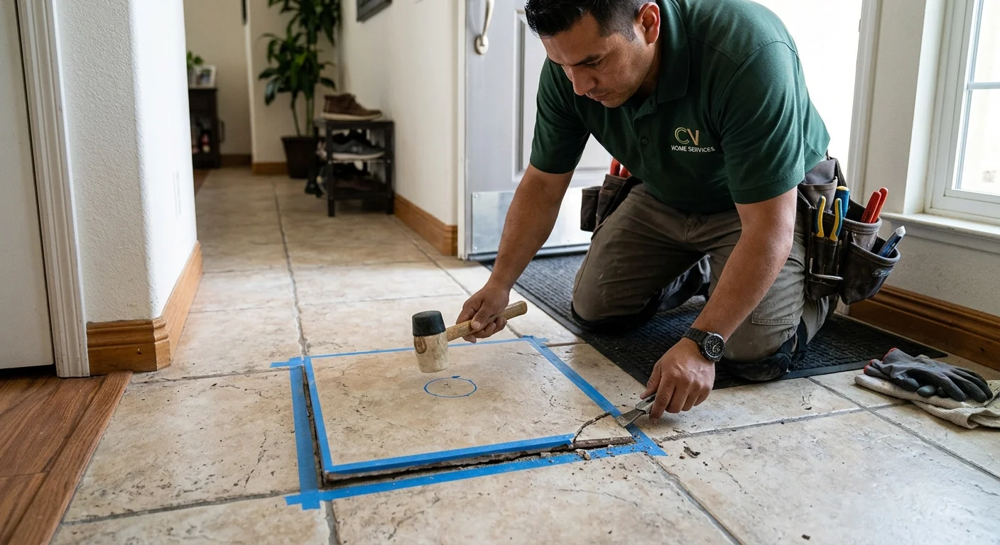 Loose floor tile beside marked grout lines in a Chula Vista home
