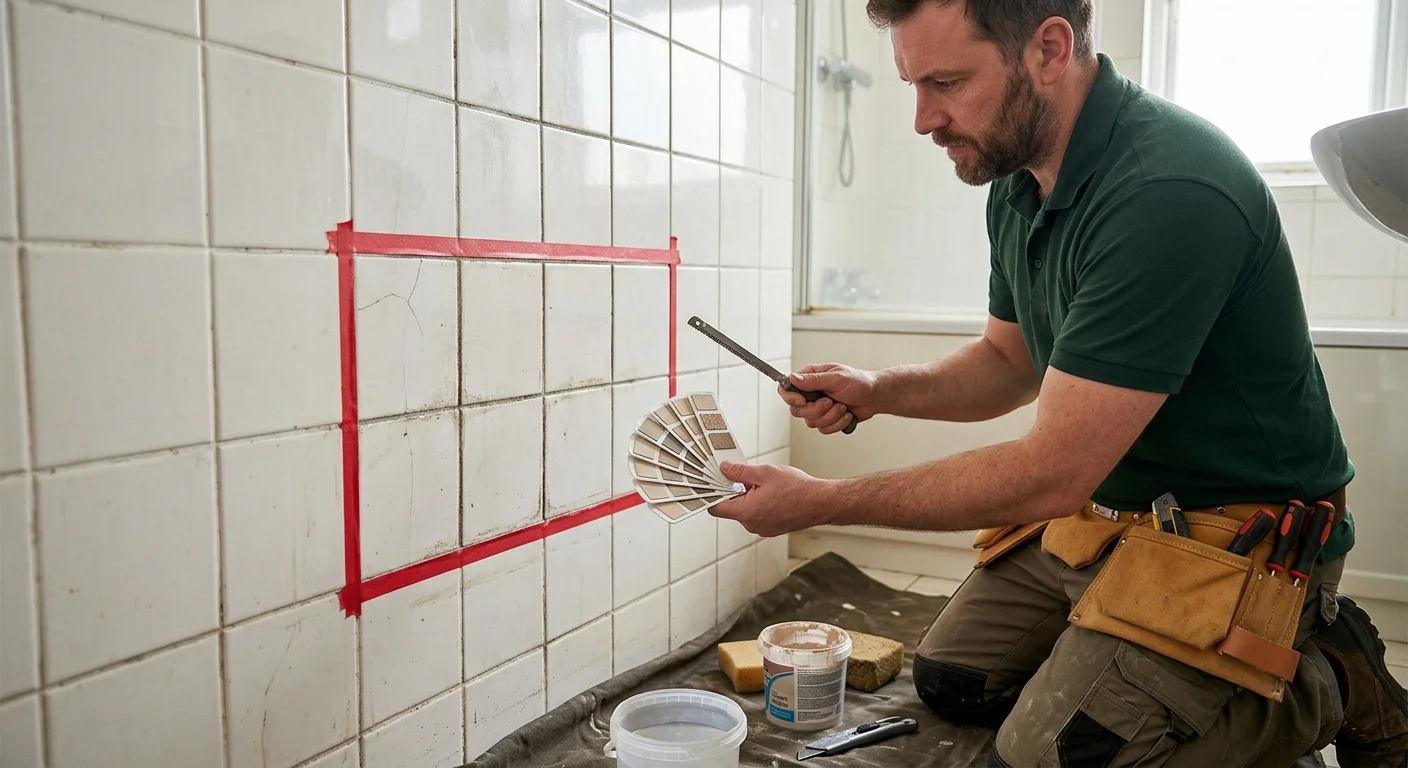 Grout color samples beside older tile with a marked repair boundary