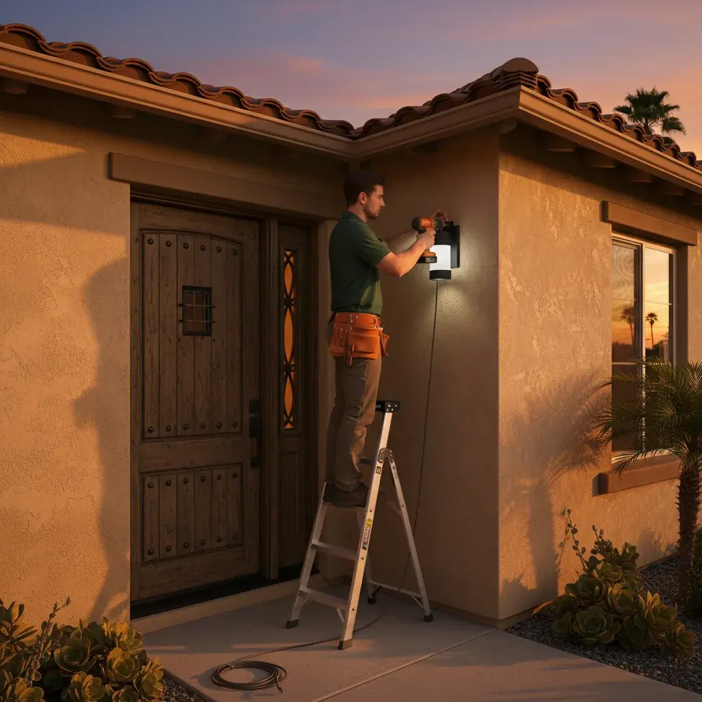 A handyman installing a black wet-rated wall sconce beside the front door of a San Diego stucco home at dusk.