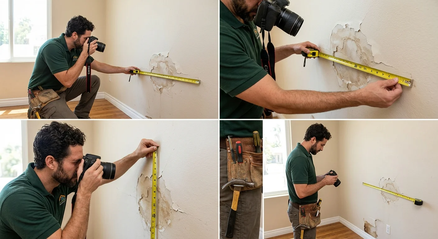 Homeowner photographing wall damage with a measuring tape