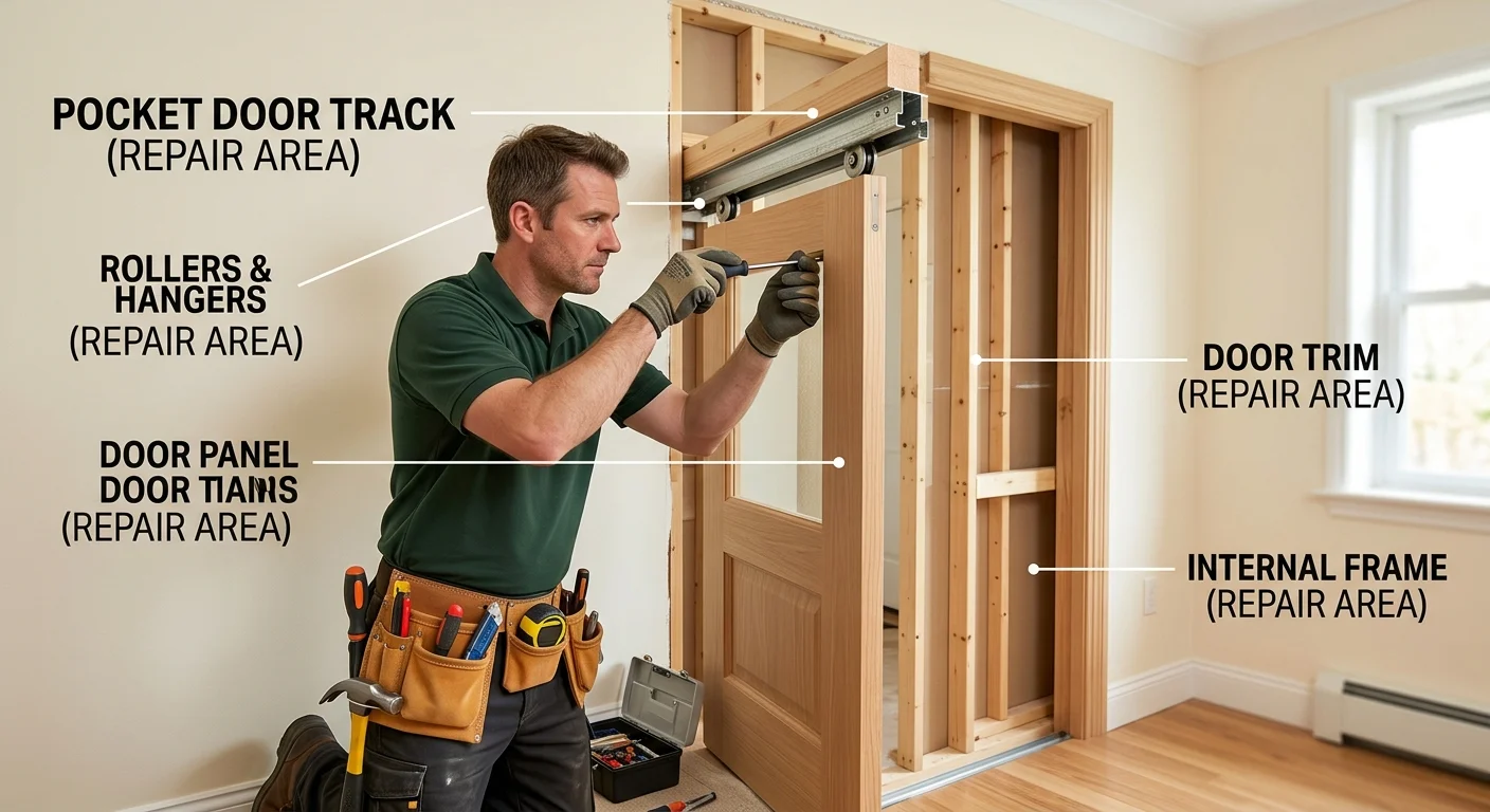 Pocket door opening showing track, rollers, panel, trim, and frame