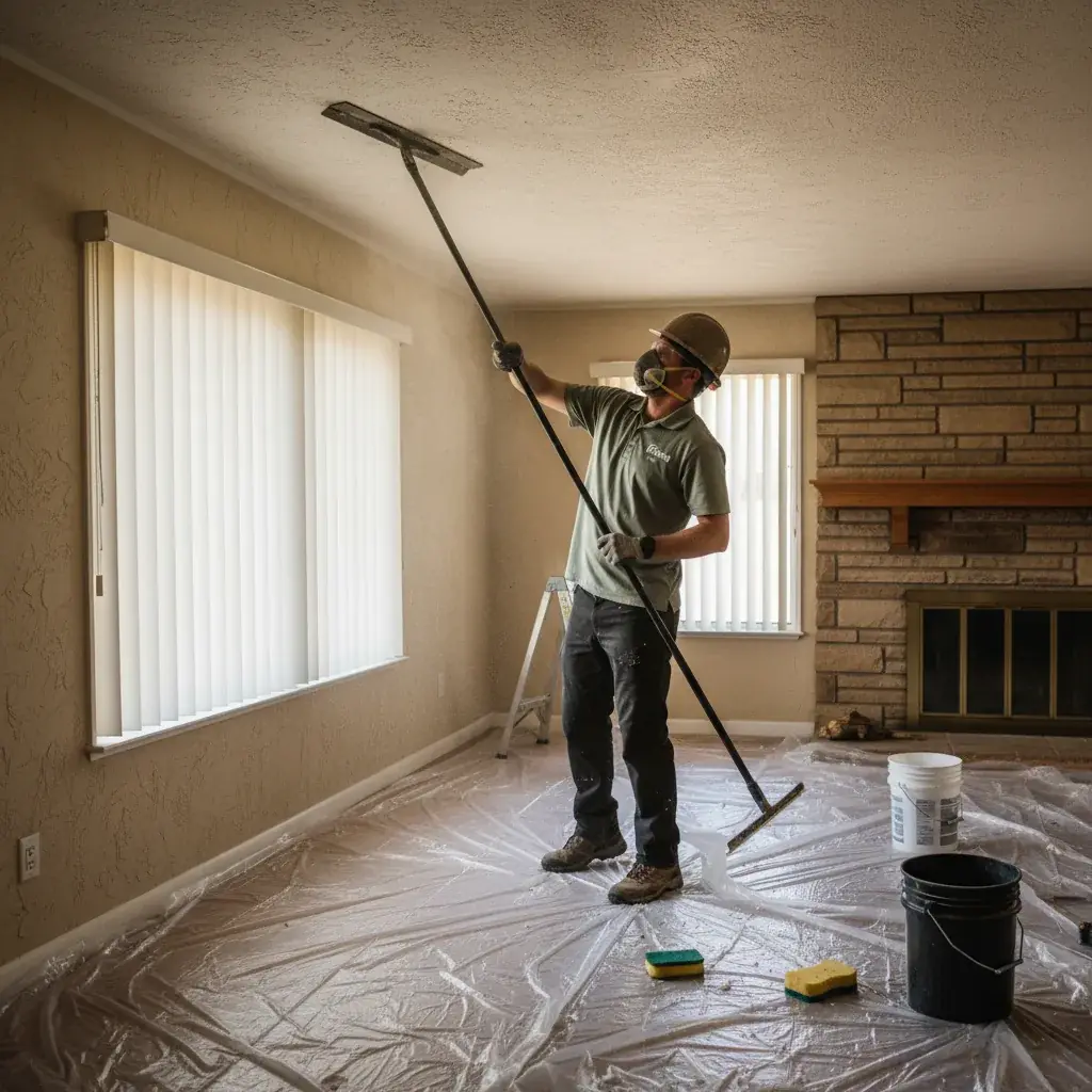Handyman in protective gear scraping a popcorn ceiling in a 1970s San Diego ranch home with plastic sheeting on the floor