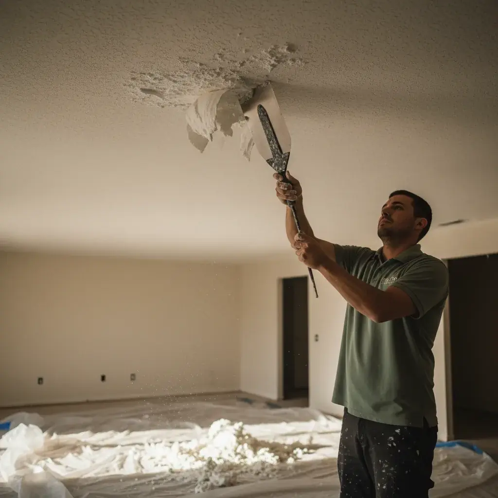 Close-up of a wide drywall knife scraping wet popcorn texture off a ceiling, sof