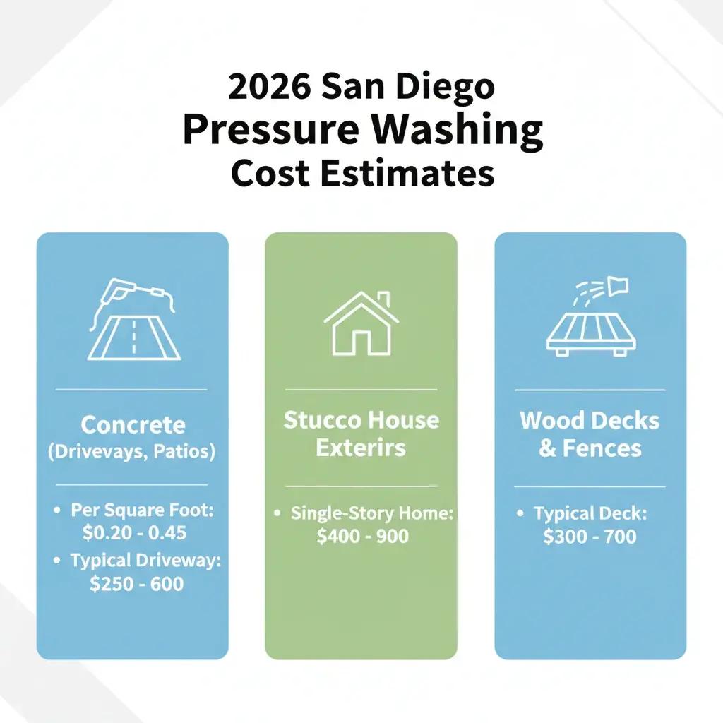 Infographic showing 2026 pressure washing cost ranges in San Diego for driveways, stucco houses, and wood decks, with square footage pricing for concrete.