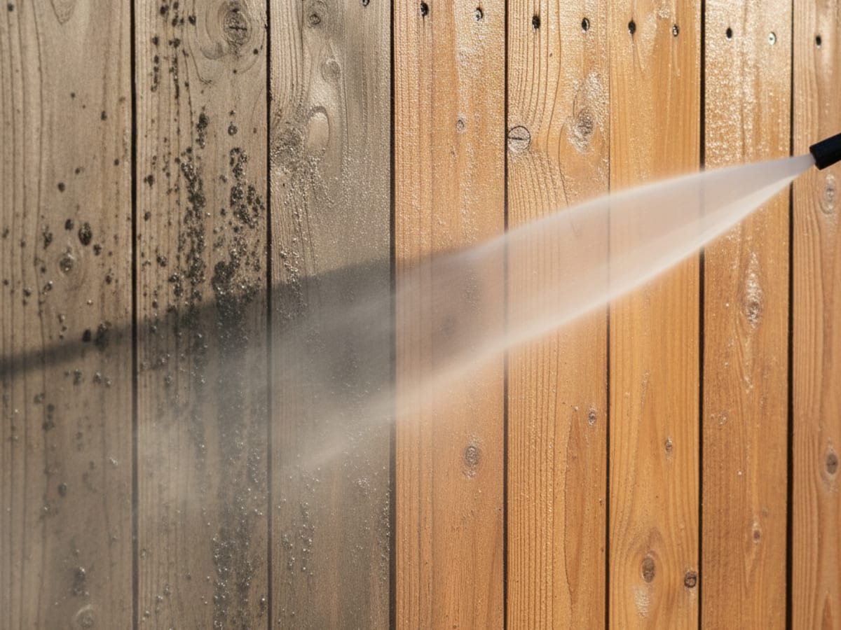 Close-up of a wood fence being pressure washed, showing the gray weathered wood on one side and the clean restored wood on the other