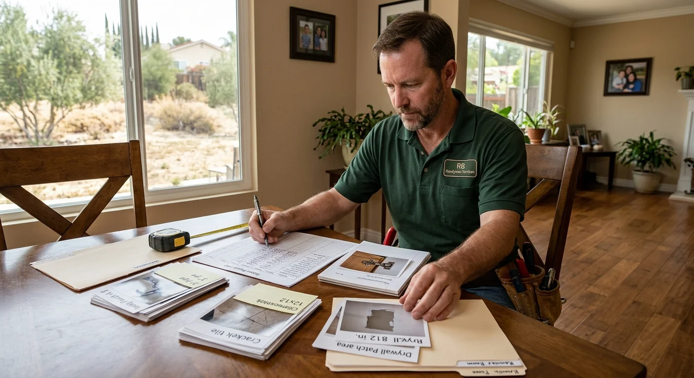 Rancho Bernardo homeowner organizing photos and repair measurements