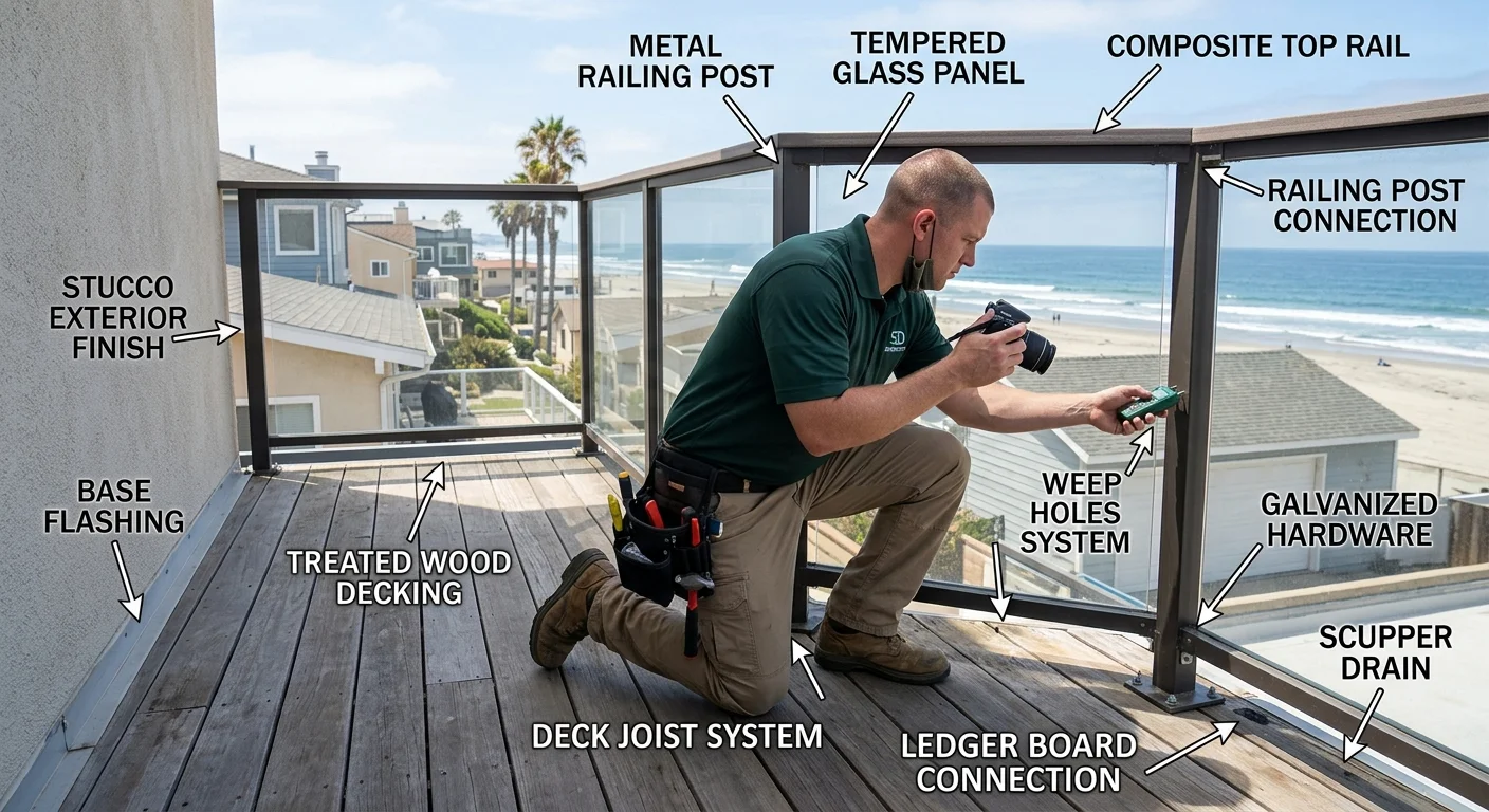 San Diego balcony floor, railing, and wall connections