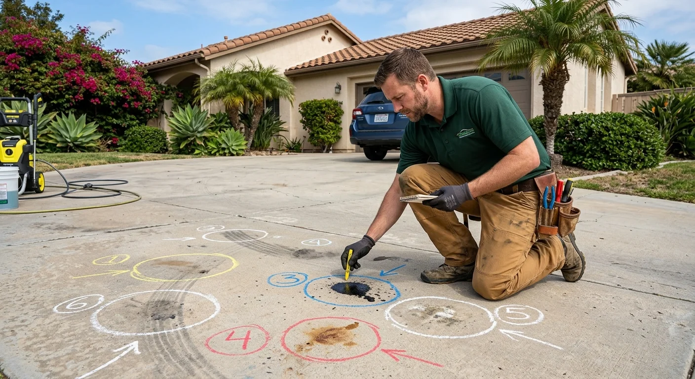 Different stains being inspected on a San Diego driveway