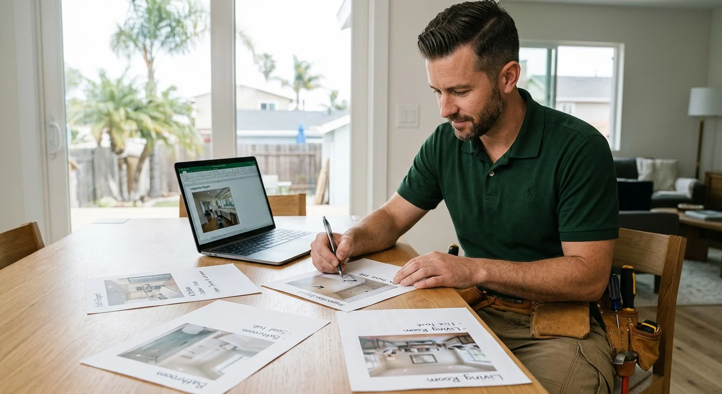 A homeowner organizing an inspection report with labeled repair photos