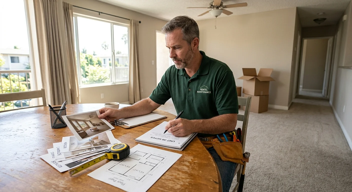 Rental owner reviewing photos and repair notes inside an empty unit
