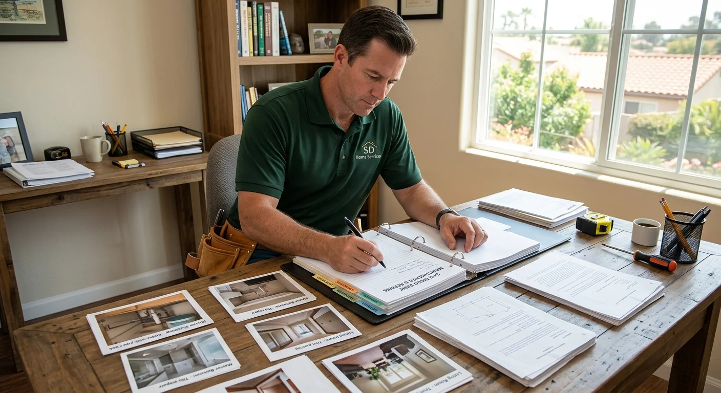A San Diego homeowner organizing photos, measurements, and notes for several repairs