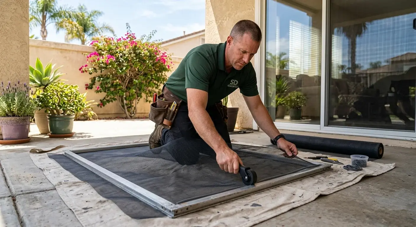 A handyman rescreening a sliding screen door on a San Diego patio, fresh charcoal mesh stretched across the frame, sunny midday