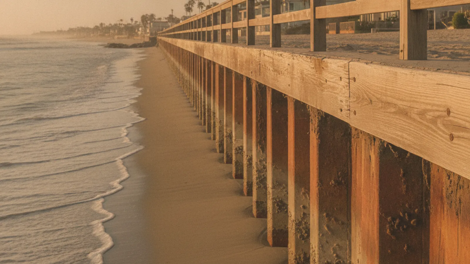 A weathered concrete and wood residential seawall with a wooden top cap and simple railing running along a calm sandy San Diego beach in warm late-afternoon light