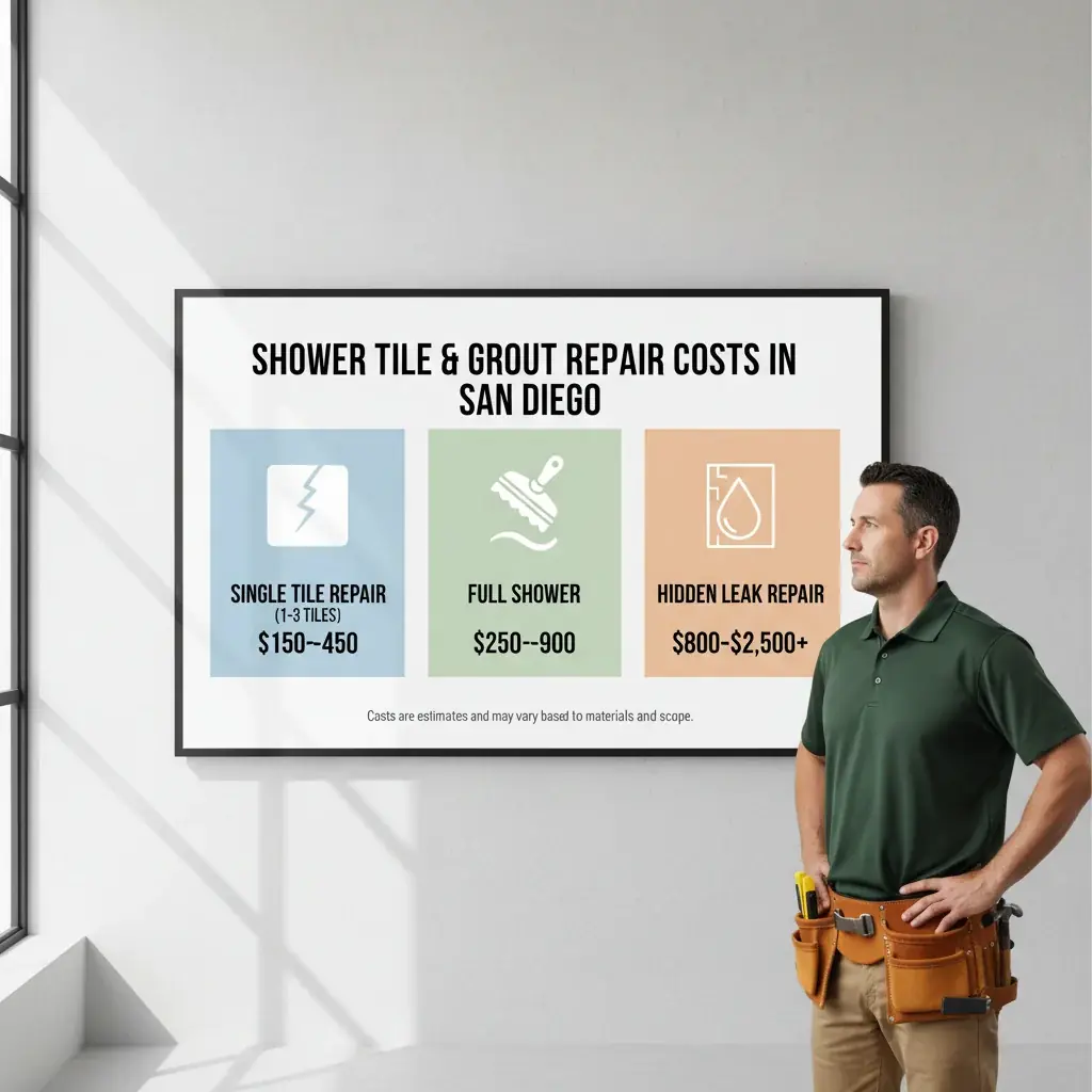 Infographic detailing average shower tile and grout repair costs in San Diego for different repair types.