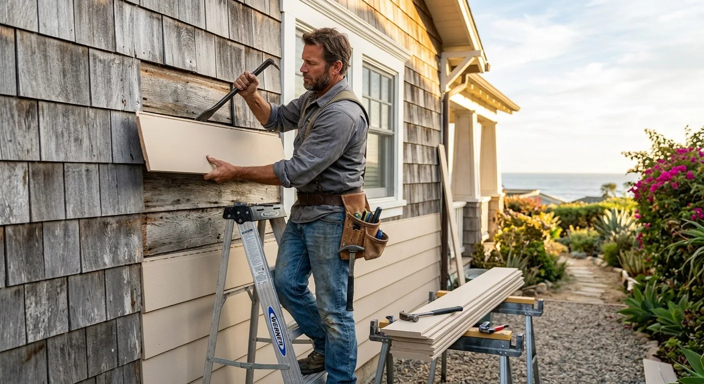 A San Diego handyman replacing a section of weathered wood siding on a coastal home exterior, with new boards and hand tools visible.