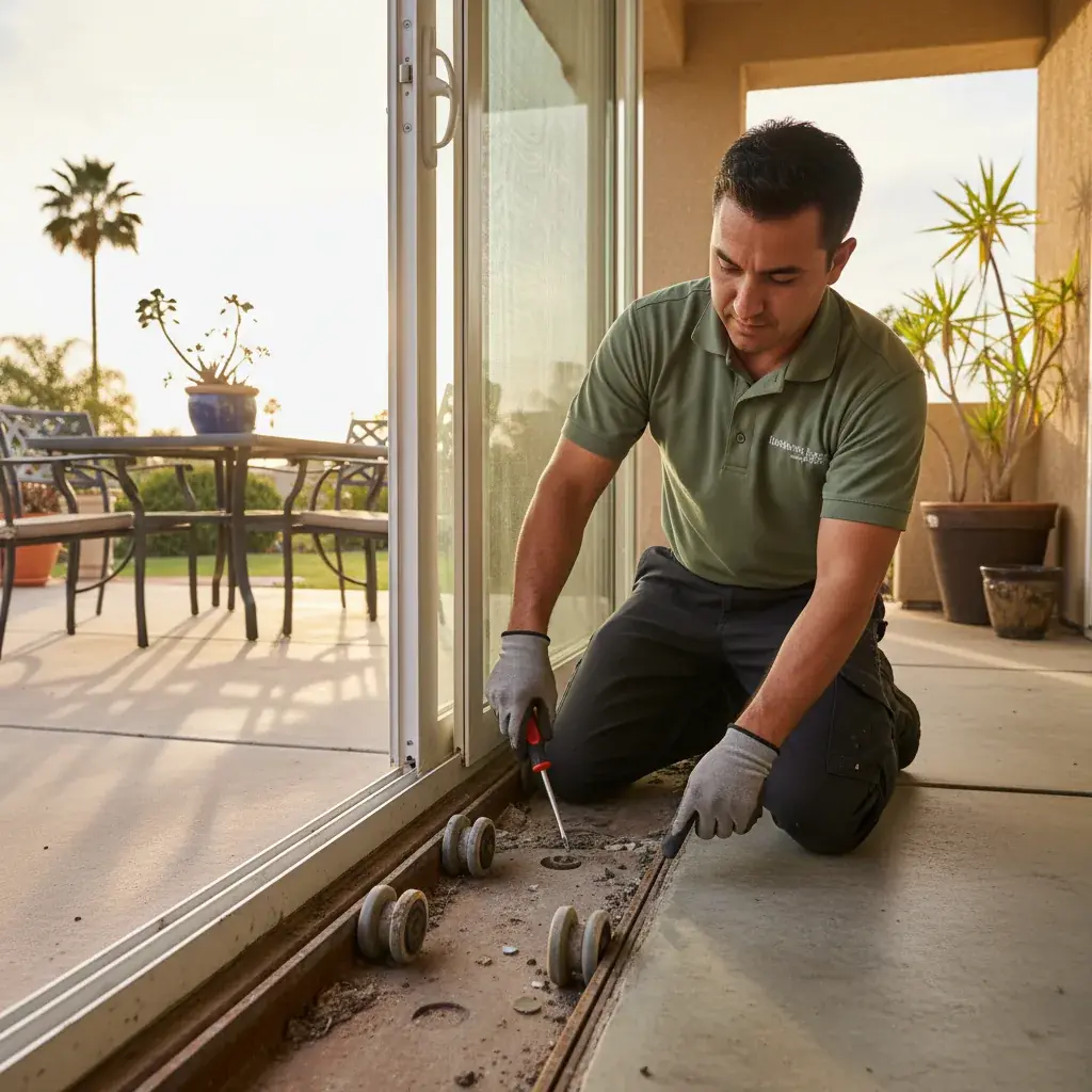 Handyman inspecting a vinyl window frame on a San Diego home for salt-air corrosion and seal failure