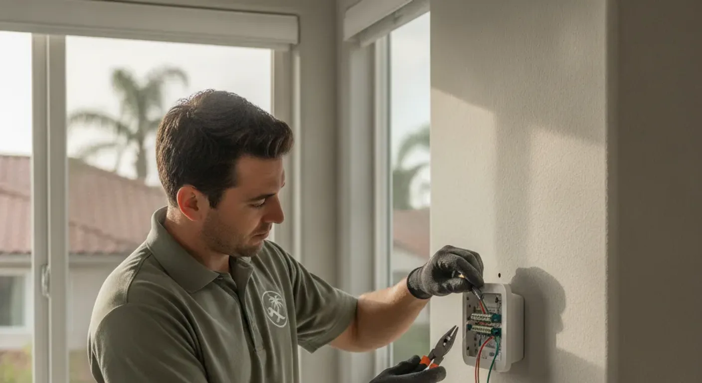 A handyman carefully wiring a new smart thermostat on a wall in a San Diego home.