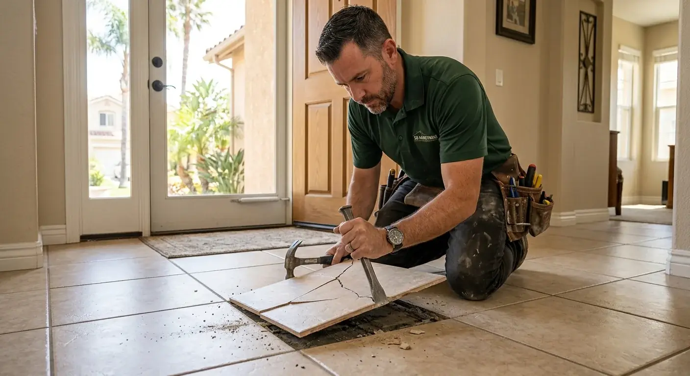 A handyman lifting a cracked beige floor tile out of a San Diego entryway with a chisel, surrounding tiles intact