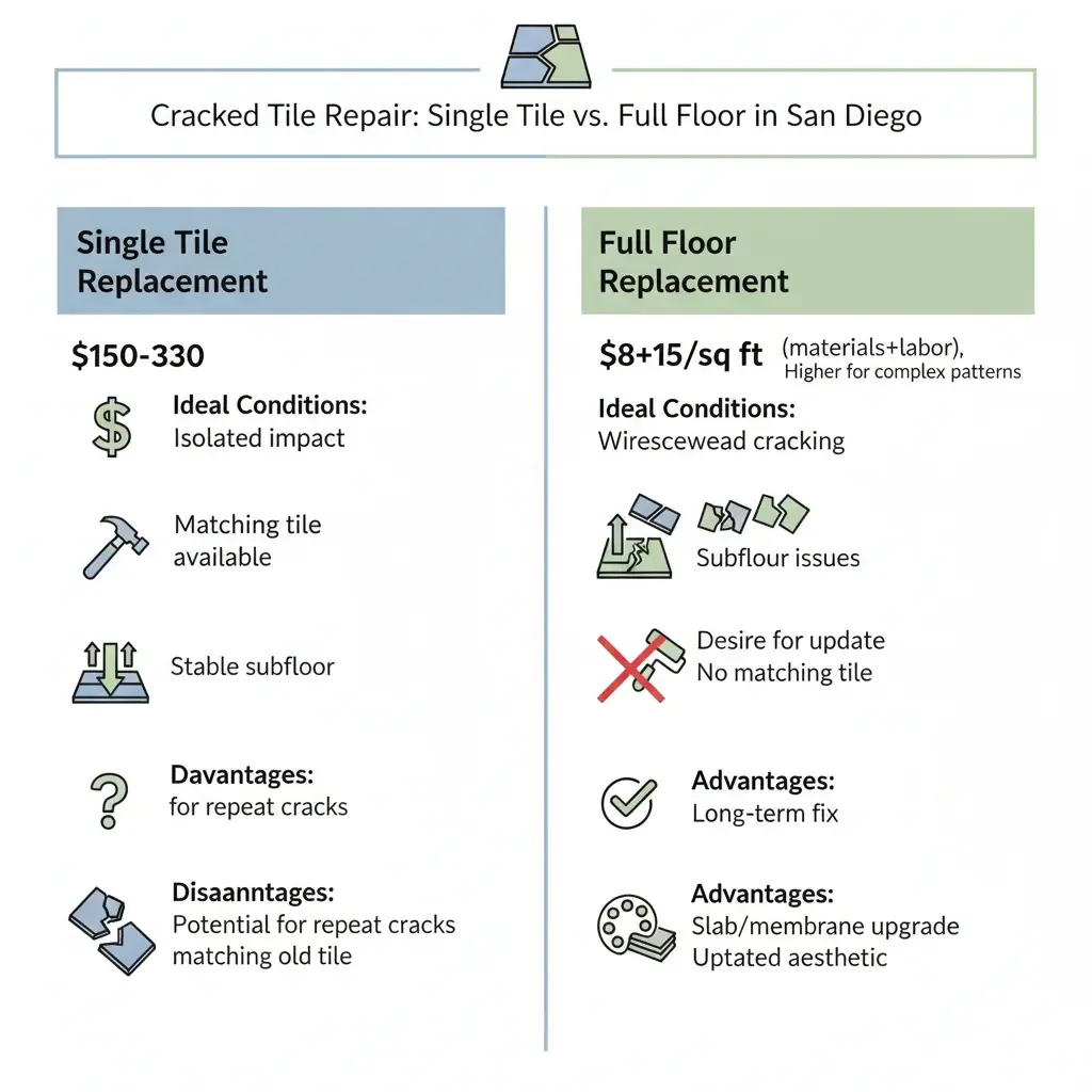 A comparison graphic detailing the costs and conditions for single tile replacement versus full floor replacement in San Diego, including factors like slab movement and tile matching.