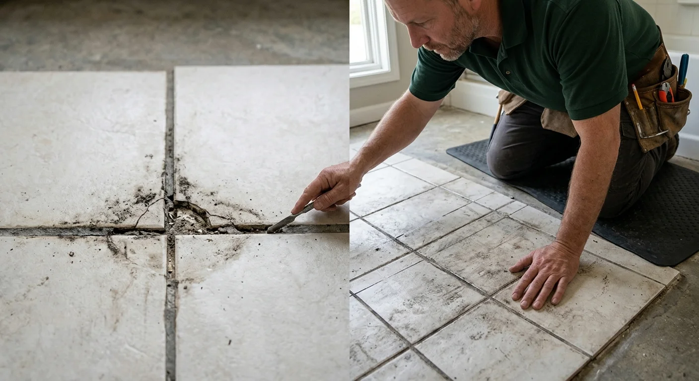 Damaged grout beside a larger field of worn tile joints