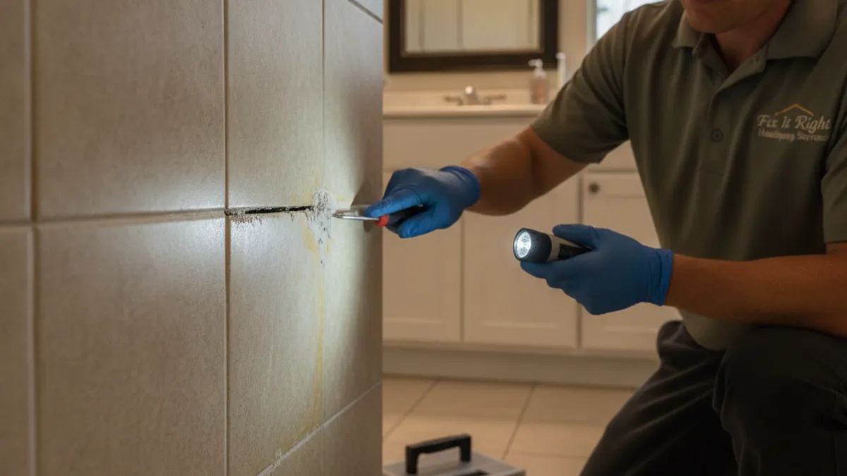 Discolored grout and a loose tile corner showing early signs of water damage in a San Diego bathroom