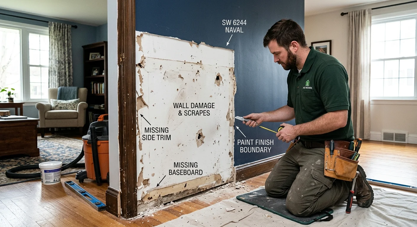 Wall after built-in cabinet removal with missing trim labeled