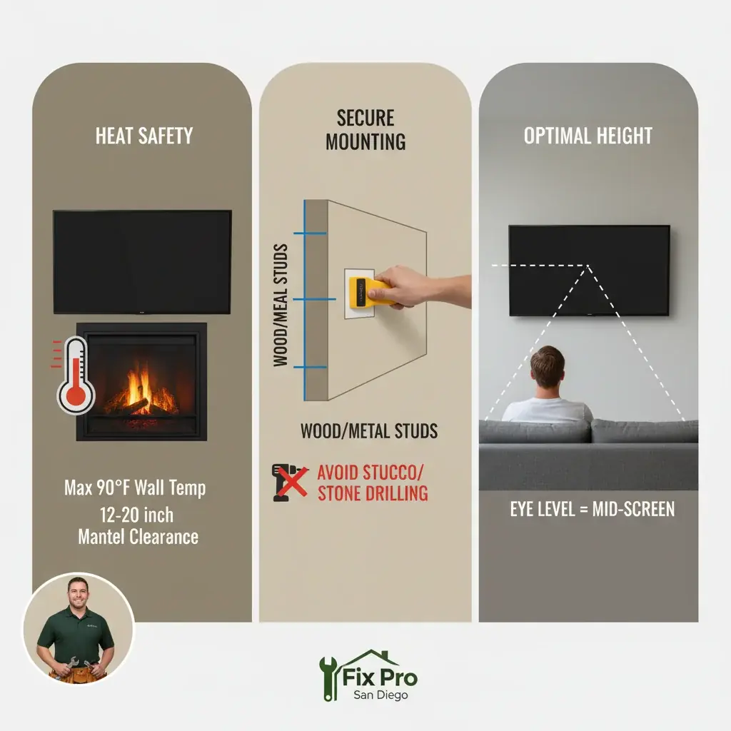 An infographic illustrating the three critical checks for mounting a TV above a fireplace: heat, height, and wire concealment, with recommended clearances and ergonomic viewing angles.