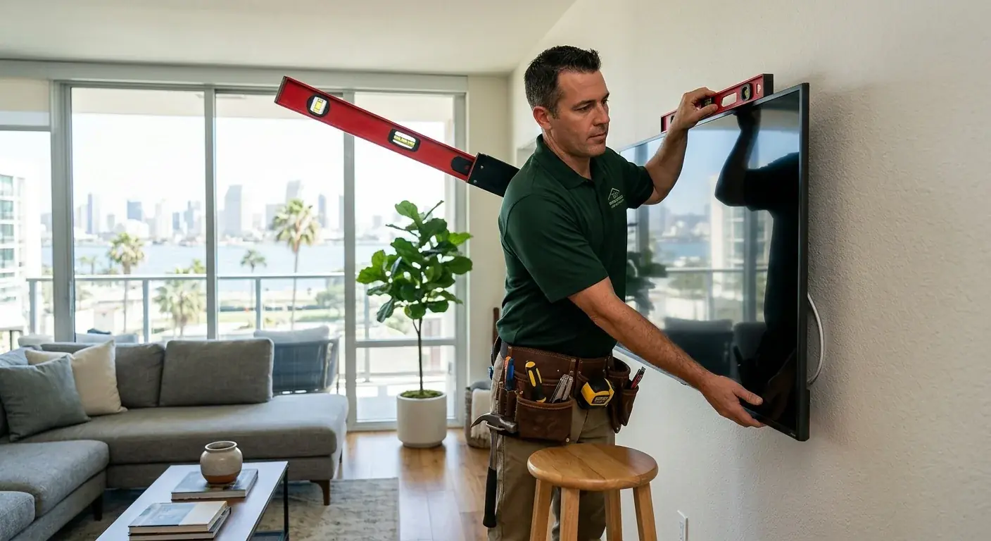 A handyman leveling a wall-mounted flat-screen TV in a modern San Diego living room.