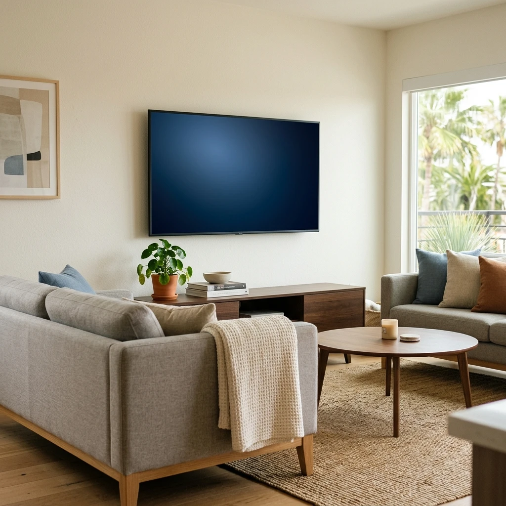 A large flat-screen TV mounted at comfortable eye-level height above a media console in a bright San Diego living room